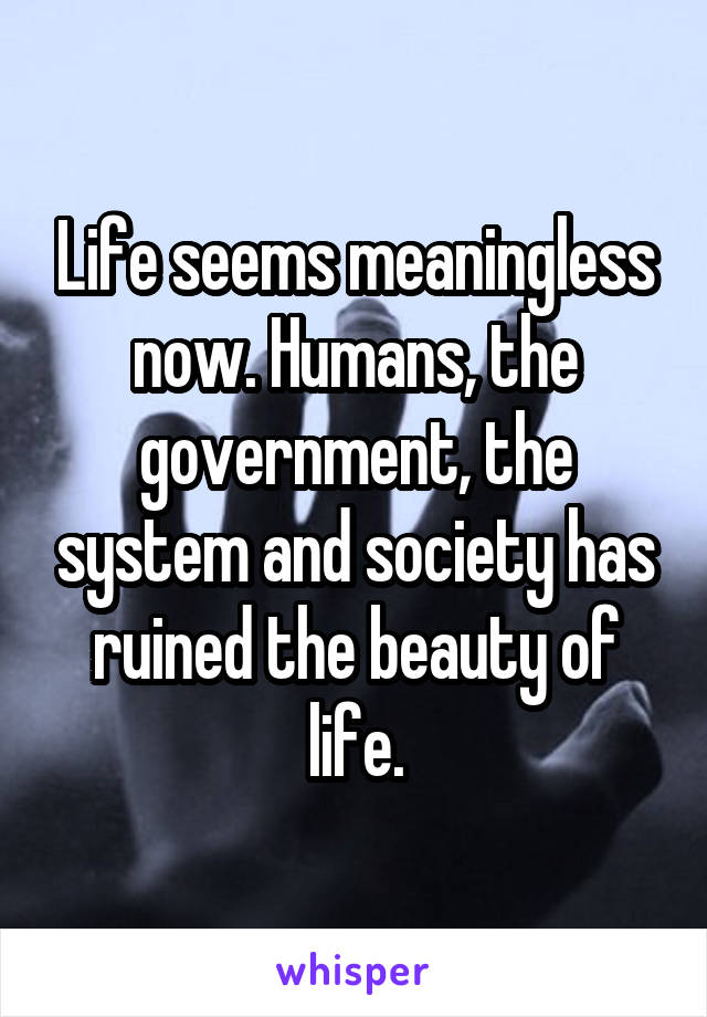 Life seems meaningless now. Humans, the government, the system and society has ruined the beauty of life.