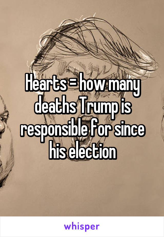 Hearts = how many deaths Trump is responsible for since his election