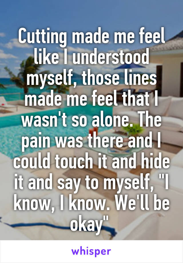 Cutting made me feel like I understood myself, those lines made me feel that I wasn't so alone. The pain was there and I could touch it and hide it and say to myself, "I know, I know. We'll be okay" 