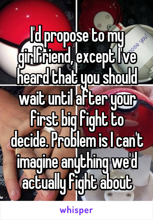 I'd propose to my girlfriend, except I've heard that you should wait until after your first big fight to decide. Problem is I can't imagine anything we'd actually fight about