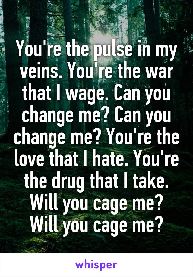 You're the pulse in my veins. You're the war that I wage. Can you change me? Can you change me? You're the love that I hate. You're the drug that I take.
Will you cage me?
Will you cage me?