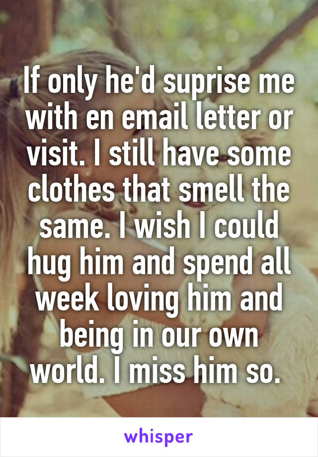 If only he'd suprise me with en email letter or visit. I still have some clothes that smell the same. I wish I could hug him and spend all week loving him and being in our own world. I miss him so. 