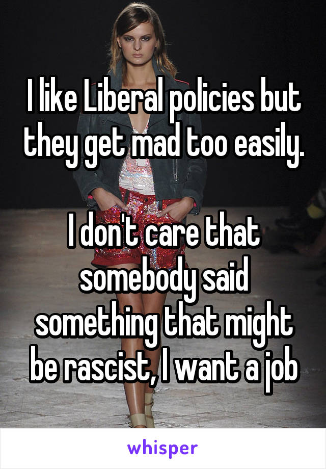 I like Liberal policies but they get mad too easily.

I don't care that somebody said something that might be rascist, I want a job