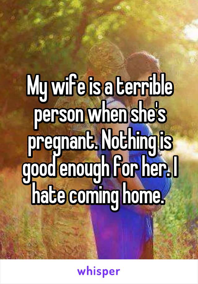 My wife is a terrible person when she's pregnant. Nothing is good enough for her. I hate coming home. 