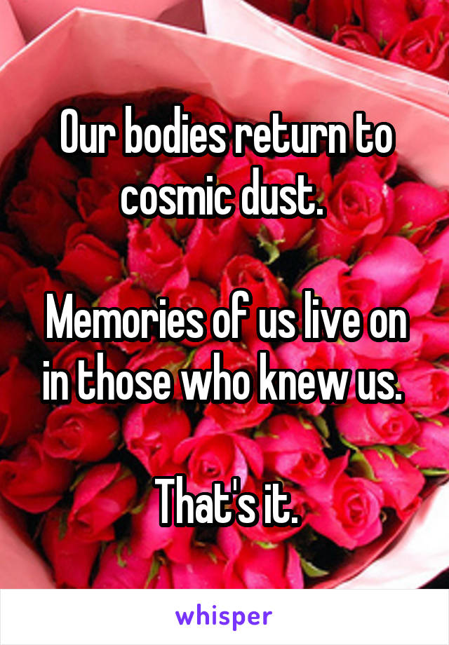 Our bodies return to cosmic dust. 

Memories of us live on in those who knew us. 

That's it.