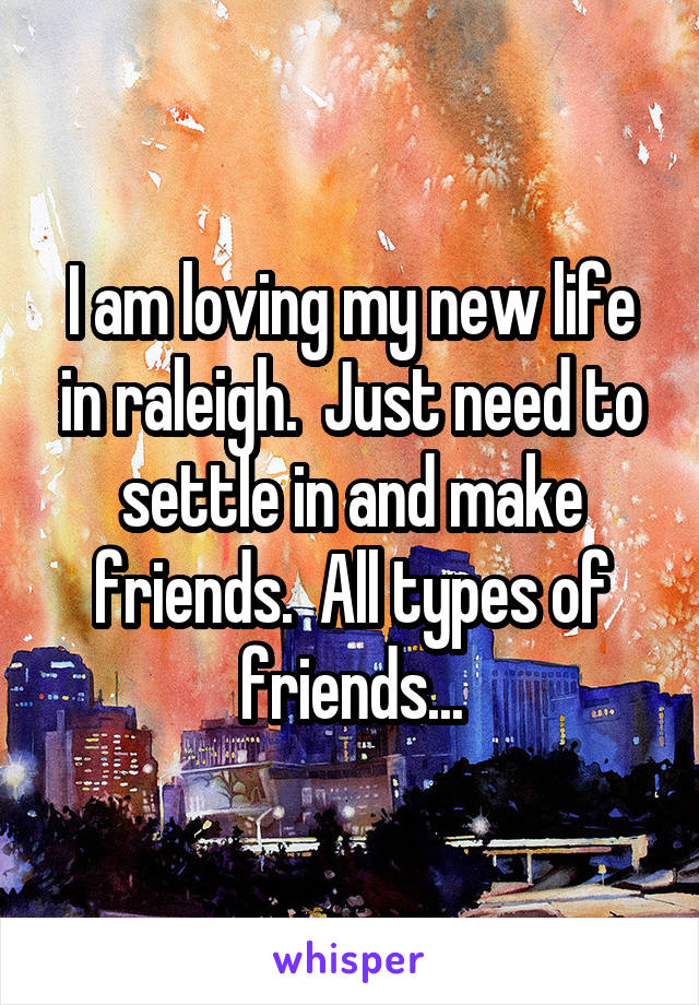 I am loving my new life in raleigh.  Just need to settle in and make friends.  All types of friends...