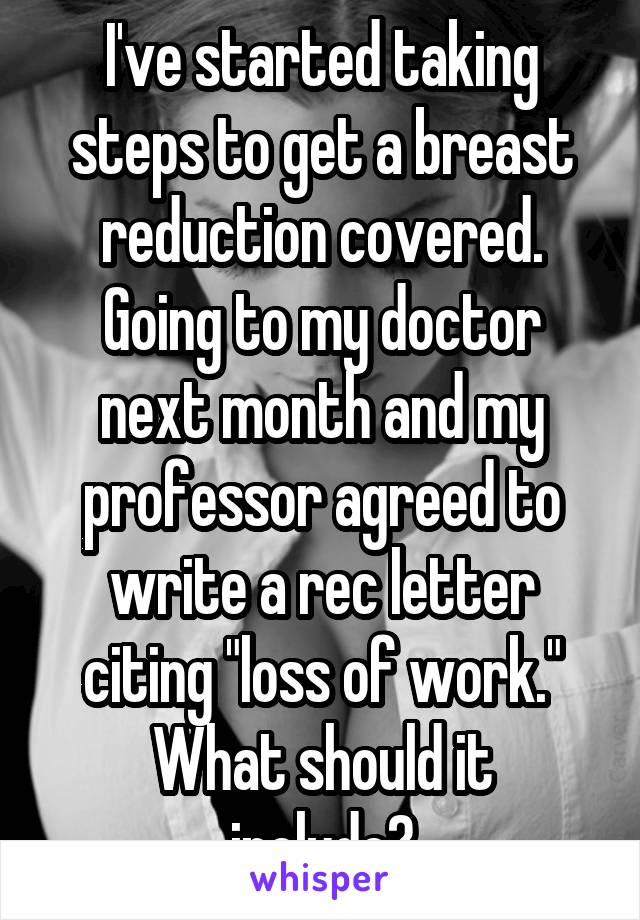 I've started taking steps to get a breast reduction covered.
Going to my doctor next month and my professor agreed to write a rec letter citing "loss of work."
What should it include?