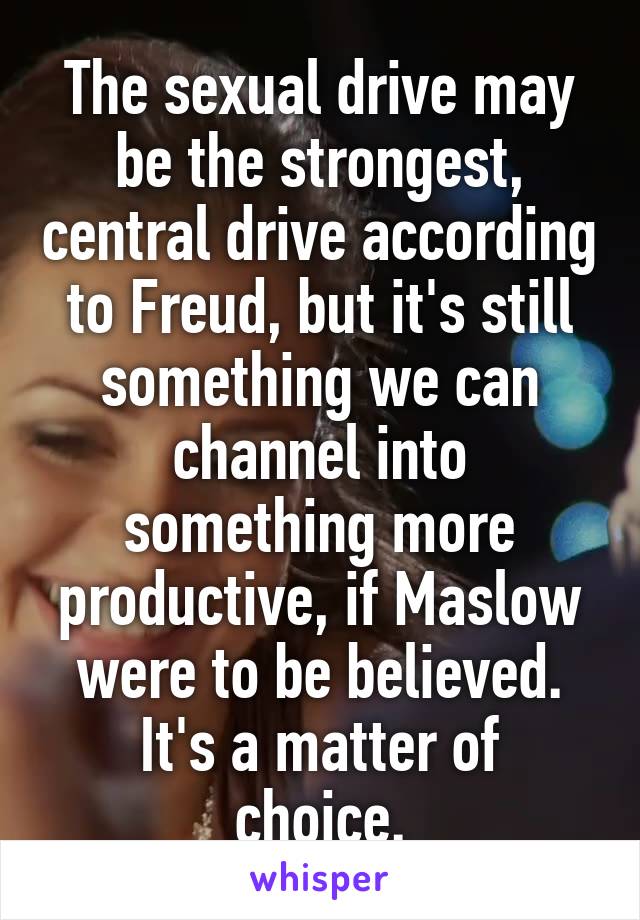 The sexual drive may be the strongest, central drive according to Freud, but it's still something we can channel into something more productive, if Maslow were to be believed.
It's a matter of choice.