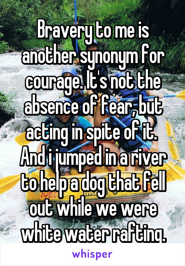 Bravery to me is another synonym for courage. It's not the absence of fear, but acting in spite of it. 
And i jumped in a river to help a dog that fell out while we were white water rafting.