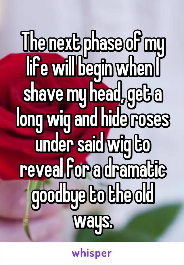 The next phase of my life will begin when I shave my head, get a long wig and hide roses under said wig to reveal for a dramatic goodbye to the old ways.