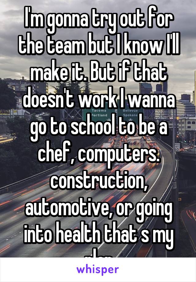 I'm gonna try out for the team but I know I'll make it. But if that doesn't work I wanna go to school to be a chef, computers. construction, automotive, or going into health that s my plan