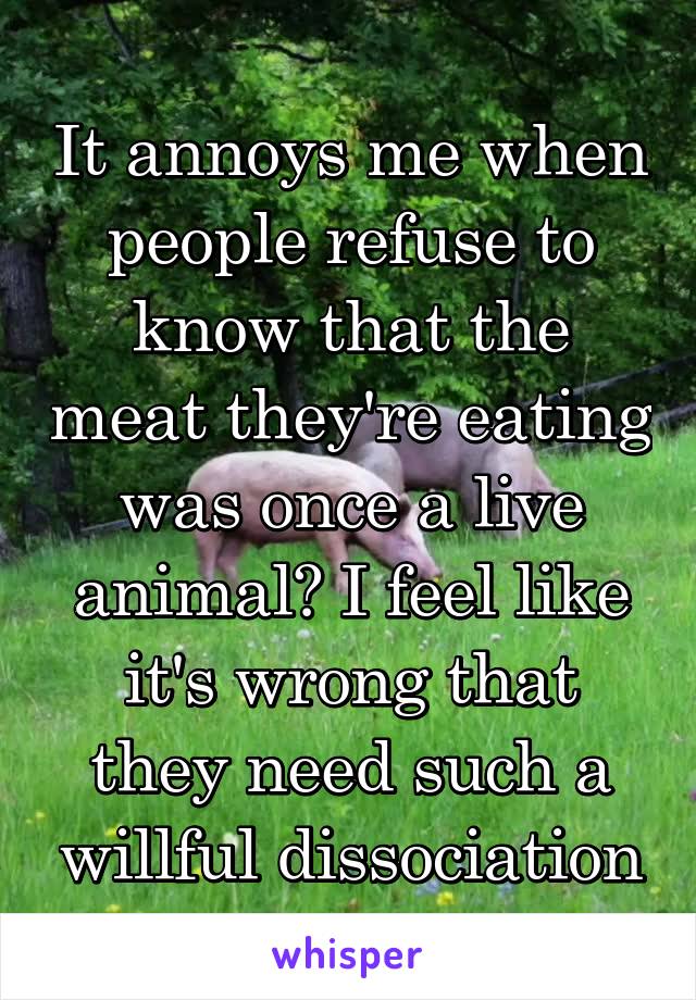 It annoys me when people refuse to know that the meat they're eating was once a live animal? I feel like it's wrong that they need such a willful dissociation