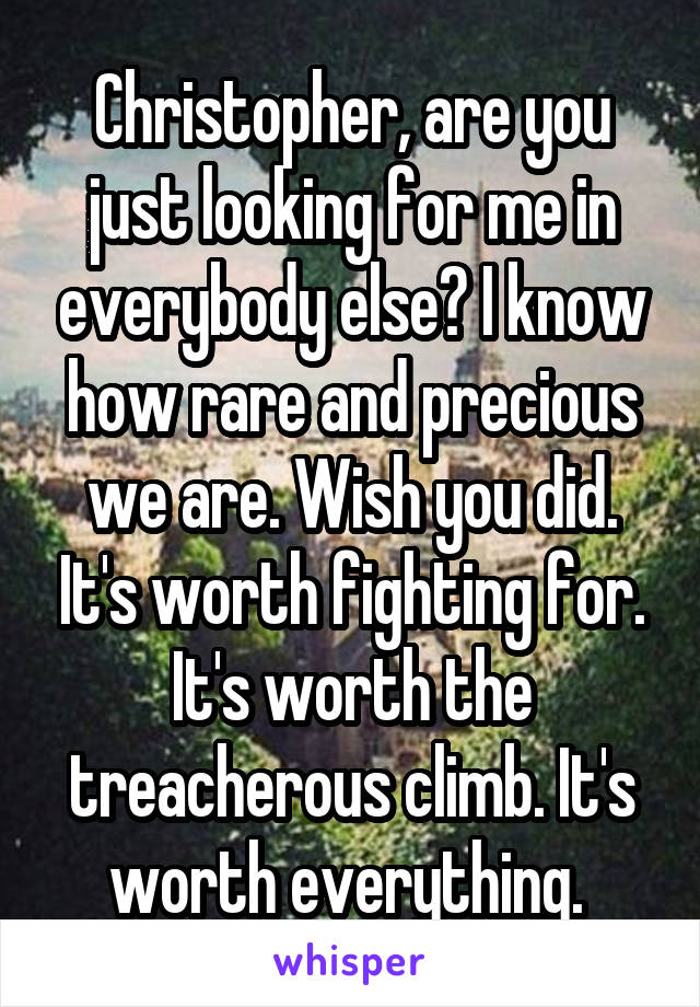 Christopher, are you just looking for me in everybody else? I know how rare and precious we are. Wish you did. It's worth fighting for. It's worth the treacherous climb. It's worth everything. 