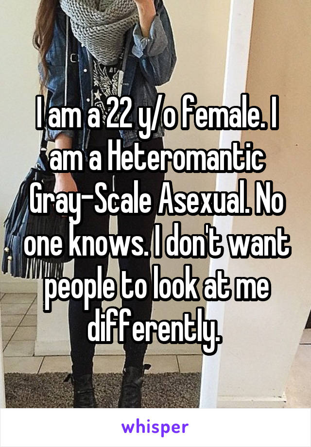 I am a 22 y/o female. I am a Heteromantic Gray-Scale Asexual. No one knows. I don't want people to look at me differently. 