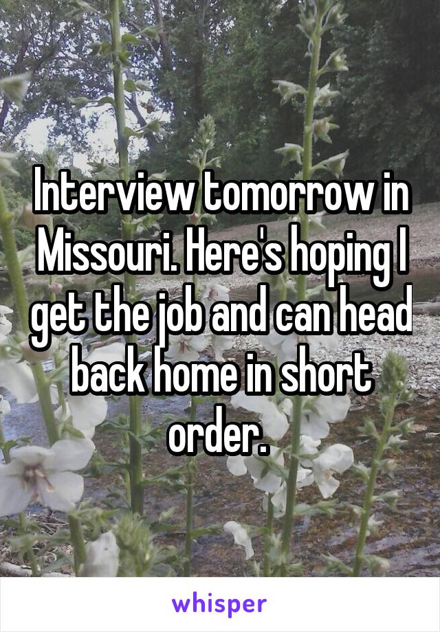 Interview tomorrow in Missouri. Here's hoping I get the job and can head back home in short order. 