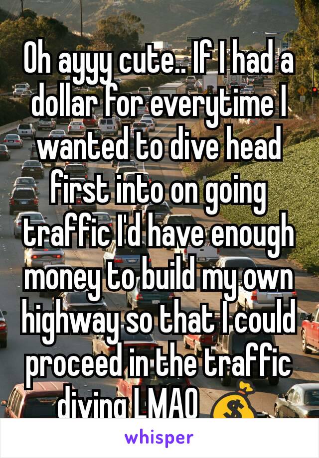 Oh ayyy cute.. If I had a dollar for everytime I wanted to dive head first into on going traffic I'd have enough money to build my own highway so that I could proceed in the traffic diving LMAO 💰