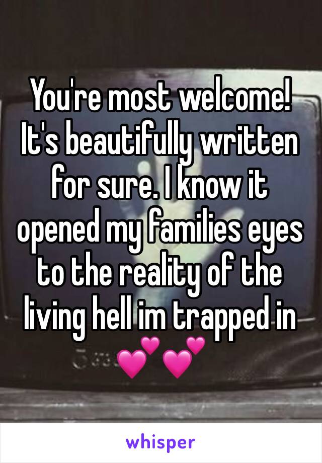 You're most welcome! It's beautifully written for sure. I know it opened my families eyes to the reality of the living hell im trapped in 💕💕