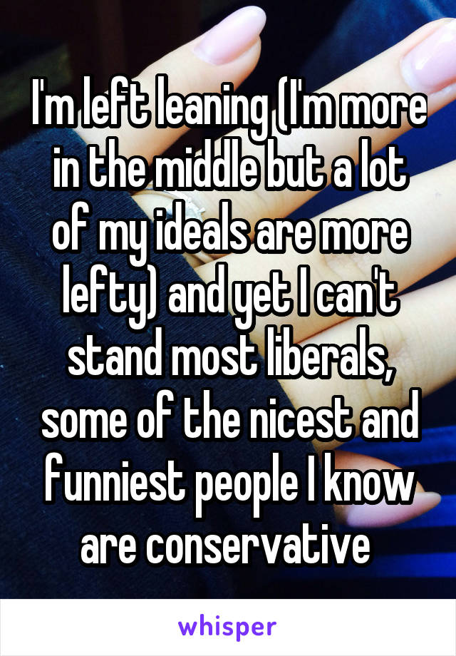 I'm left leaning (I'm more in the middle but a lot of my ideals are more lefty) and yet I can't stand most liberals, some of the nicest and funniest people I know are conservative 