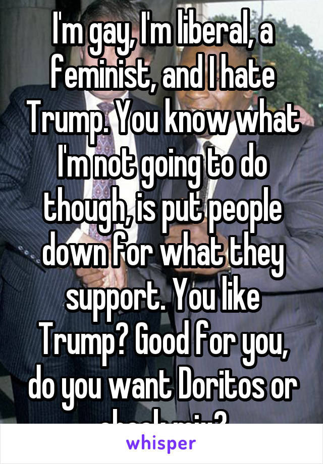 I'm gay, I'm liberal, a feminist, and I hate Trump. You know what I'm not going to do though, is put people down for what they support. You like Trump? Good for you, do you want Doritos or check mix?