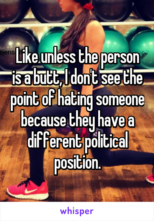 Like unless the person is a butt, I don't see the point of hating someone because they have a different political position.