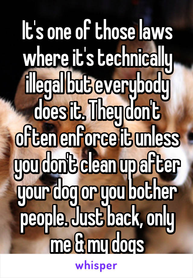 It's one of those laws where it's technically illegal but everybody does it. They don't often enforce it unless you don't clean up after your dog or you bother people. Just back, only me & my dogs