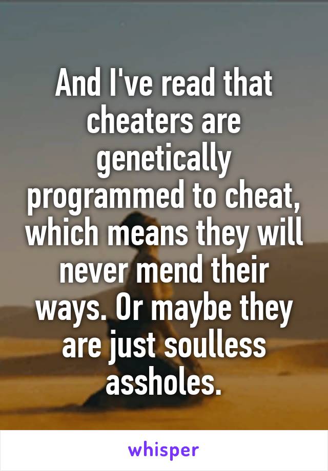 And I've read that cheaters are genetically programmed to cheat, which means they will never mend their ways. Or maybe they are just soulless assholes.