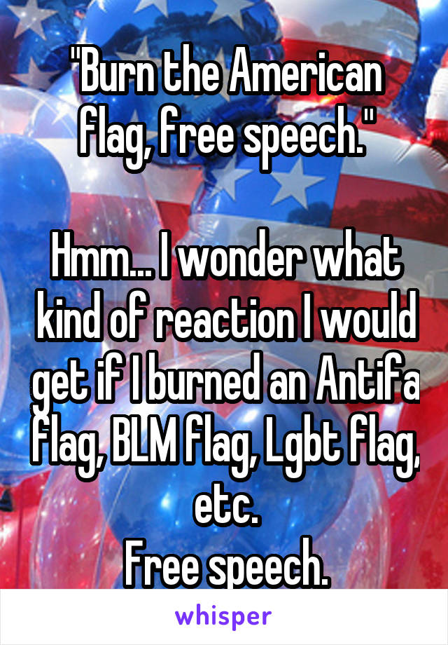 "Burn the American flag, free speech."

Hmm... I wonder what kind of reaction I would get if I burned an Antifa flag, BLM flag, Lgbt flag, etc.
Free speech.