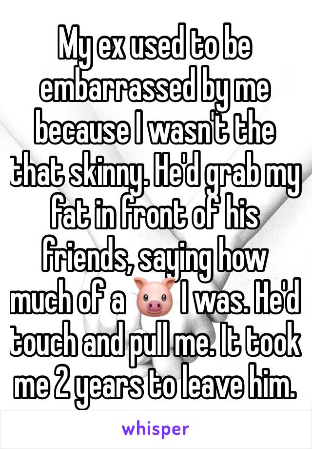 My ex used to be embarrassed by me because I wasn't the that skinny. He'd grab my fat in front of his friends, saying how much of a 🐷 I was. He'd touch and pull me. It took me 2 years to leave him.