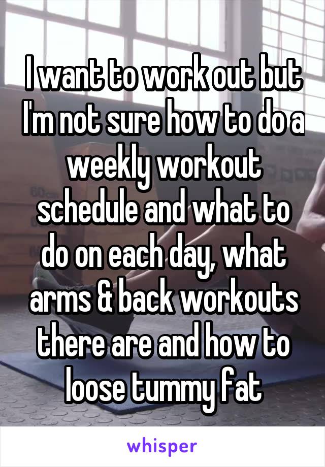 I want to work out but I'm not sure how to do a weekly workout schedule and what to do on each day, what arms & back workouts there are and how to loose tummy fat