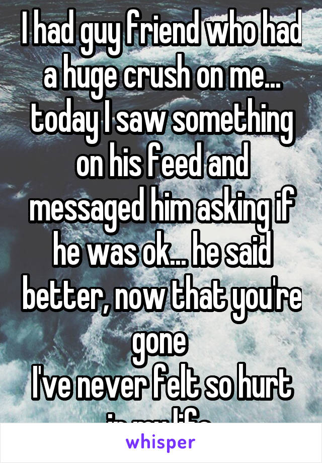 I had guy friend who had a huge crush on me... today I saw something on his feed and messaged him asking if he was ok... he said better, now that you're gone 
I've never felt so hurt in my life 