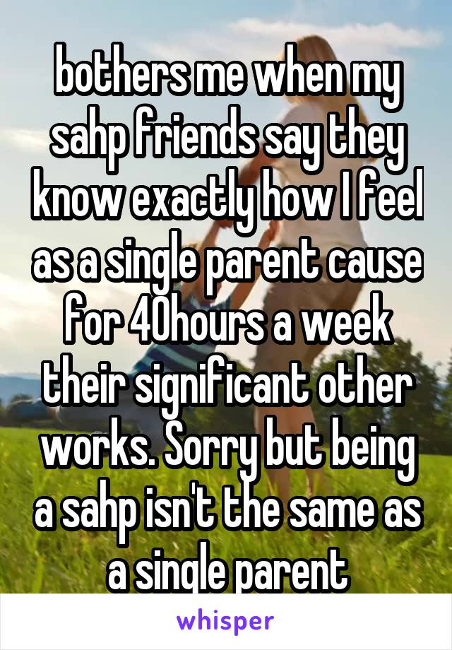 bothers me when my sahp friends say they know exactly how I feel as a single parent cause for 40hours a week their significant other works. Sorry but being a sahp isn't the same as a single parent