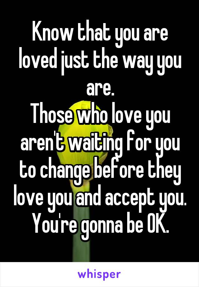 Know that you are loved just the way you are.
Those who love you aren't waiting for you to change before they love you and accept you.
You're gonna be OK.
