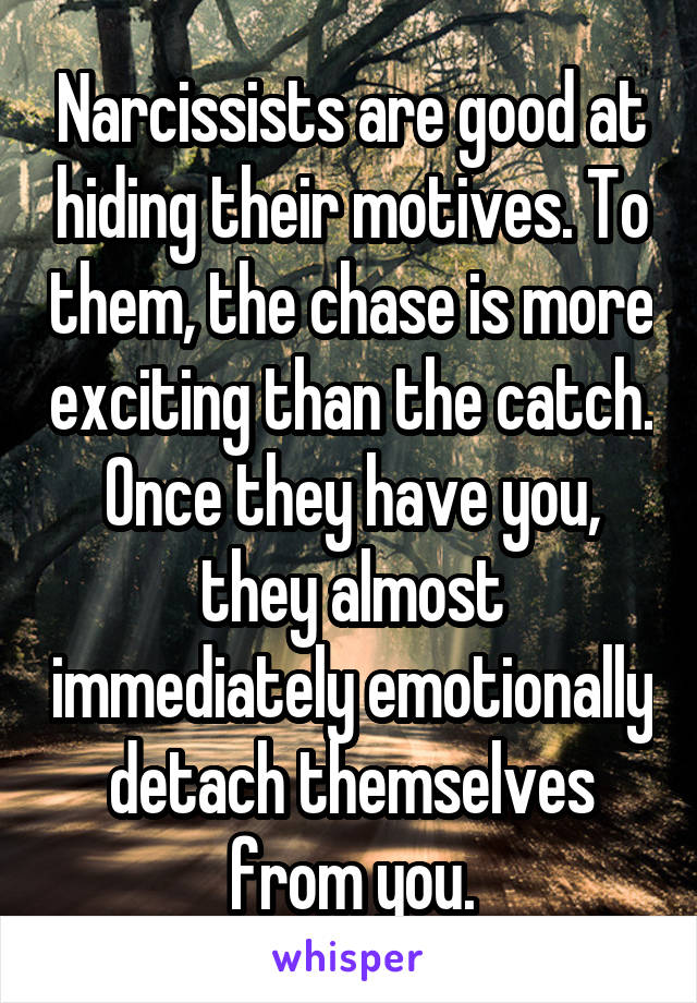 Narcissists are good at hiding their motives. To them, the chase is more exciting than the catch. Once they have you, they almost immediately emotionally detach themselves from you.