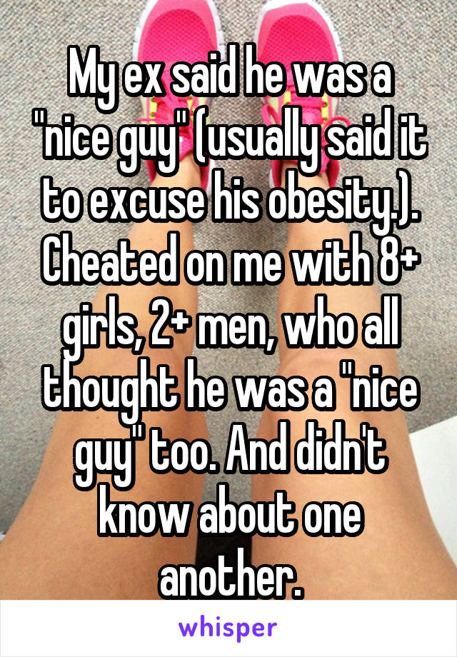 My ex said he was a "nice guy" (usually said it to excuse his obesity.). Cheated on me with 8+ girls, 2+ men, who all thought he was a "nice guy" too. And didn't know about one another.