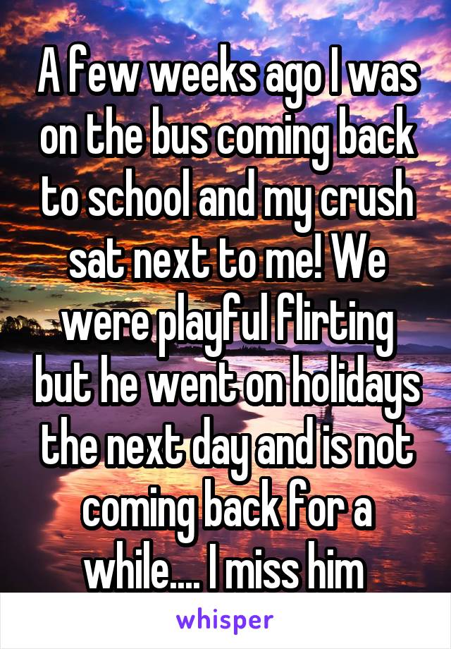 A few weeks ago I was on the bus coming back to school and my crush sat next to me! We were playful flirting but he went on holidays the next day and is not coming back for a while.... I miss him 