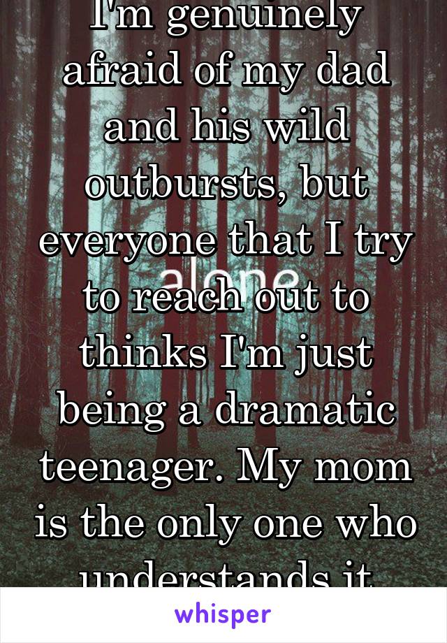 I'm genuinely afraid of my dad and his wild outbursts, but everyone that I try to reach out to thinks I'm just being a dramatic teenager. My mom is the only one who understands it because she's seen.