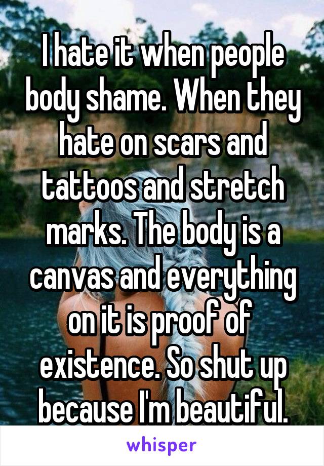 I hate it when people body shame. When they hate on scars and tattoos and stretch marks. The body is a canvas and everything on it is proof of  existence. So shut up because I'm beautiful.