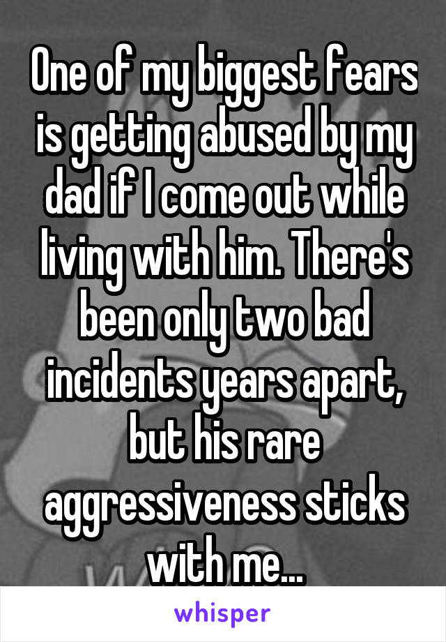 One of my biggest fears is getting abused by my dad if I come out while living with him. There's been only two bad incidents years apart, but his rare aggressiveness sticks with me...