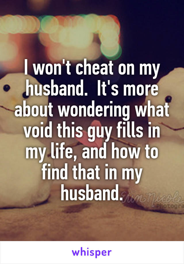 I won't cheat on my husband.  It's more about wondering what void this guy fills in my life, and how to find that in my husband.