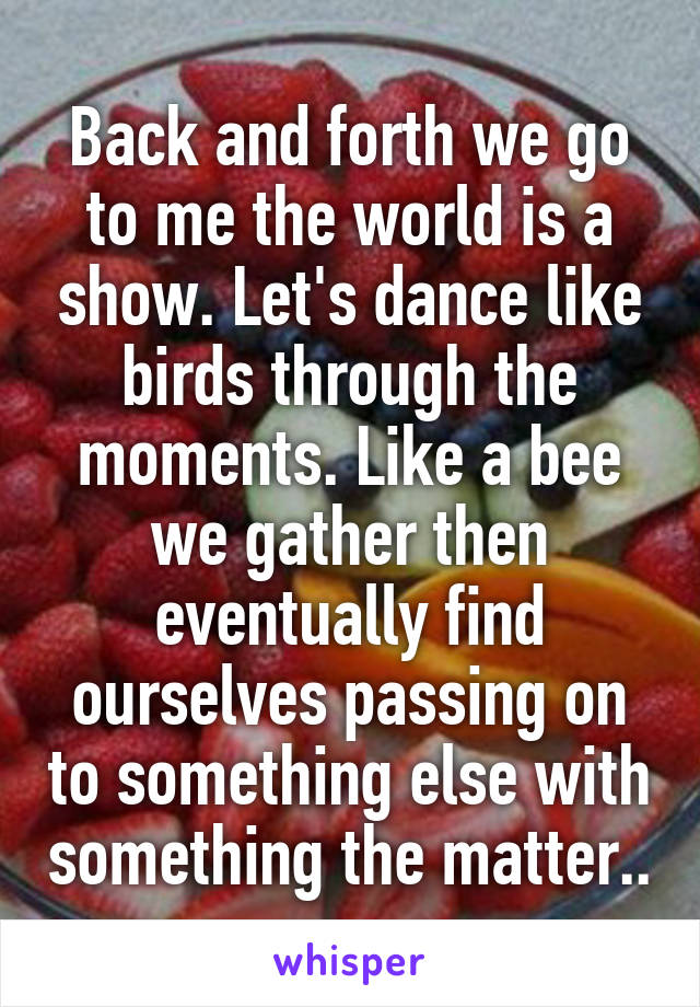 Back and forth we go to me the world is a show. Let's dance like birds through the moments. Like a bee we gather then eventually find ourselves passing on to something else with something the matter..