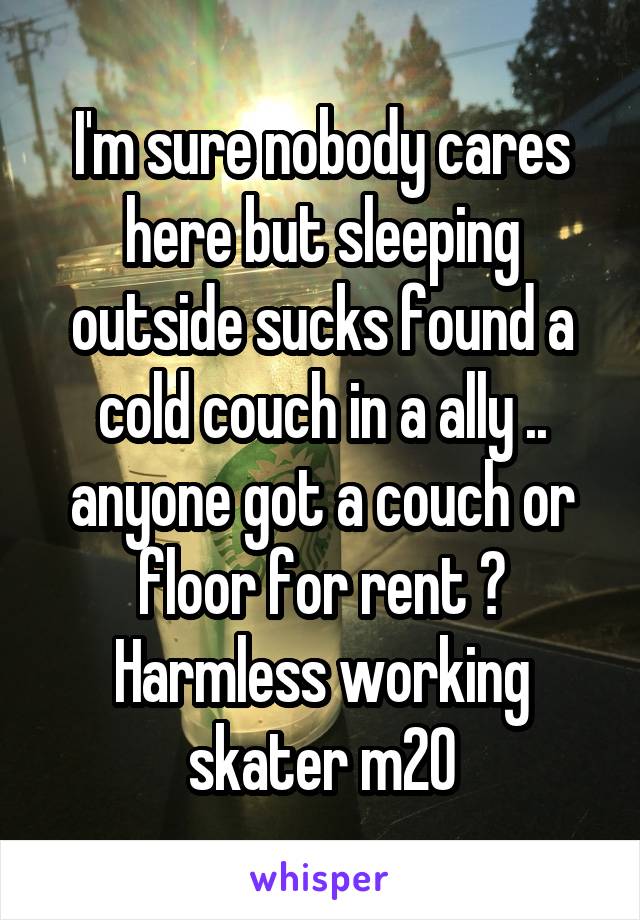 I'm sure nobody cares here but sleeping outside sucks found a cold couch in a ally .. anyone got a couch or floor for rent ? Harmless working skater m20