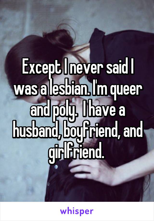Except I never said I was a lesbian. I'm queer and poly.  I have a husband, boyfriend, and girlfriend. 