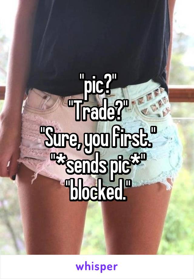 "pic?"
"Trade?"
"Sure, you first."
"*sends pic*"
"blocked."