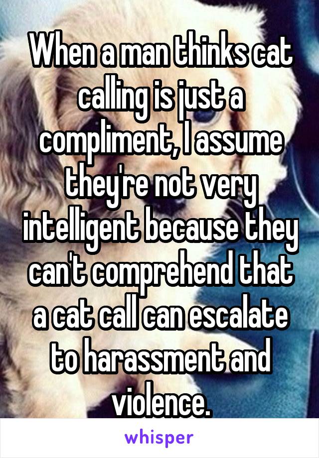 When a man thinks cat calling is just a compliment, I assume they're not very intelligent because they can't comprehend that a cat call can escalate to harassment and violence.