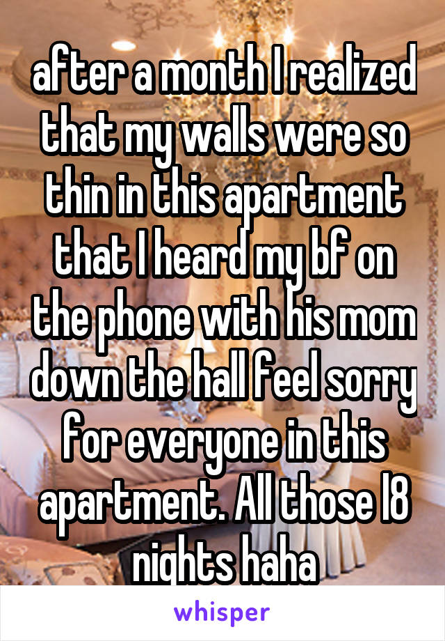 after a month I realized that my walls were so thin in this apartment that I heard my bf on the phone with his mom down the hall feel sorry for everyone in this apartment. All those l8 nights haha