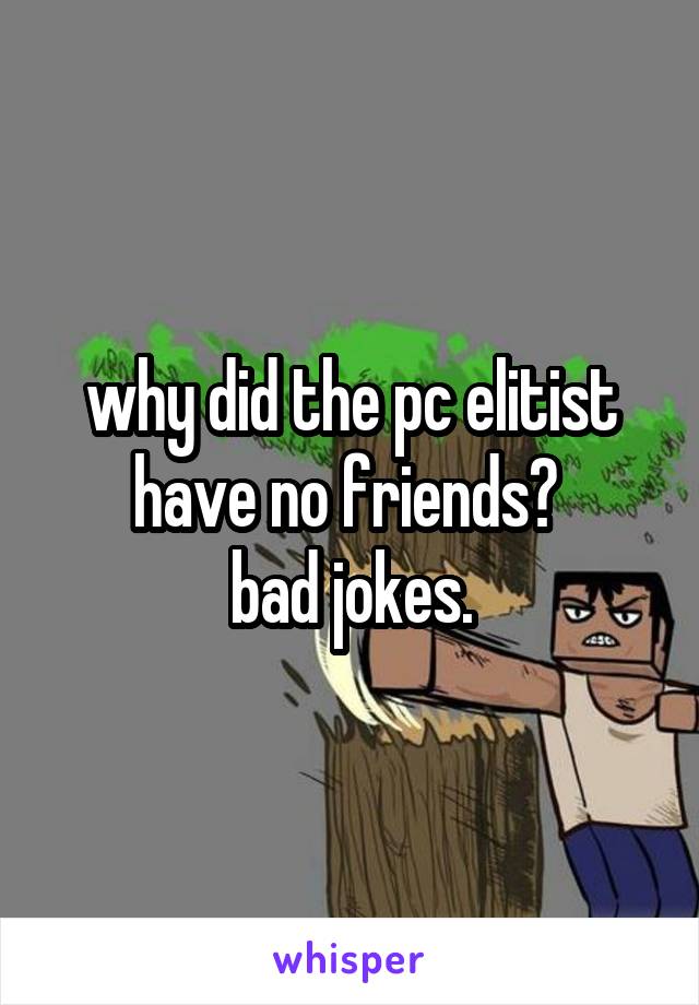 why did the pc elitist have no friends? 
bad jokes.