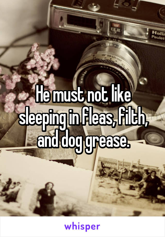 He must not like sleeping in fleas, filth, and dog grease.