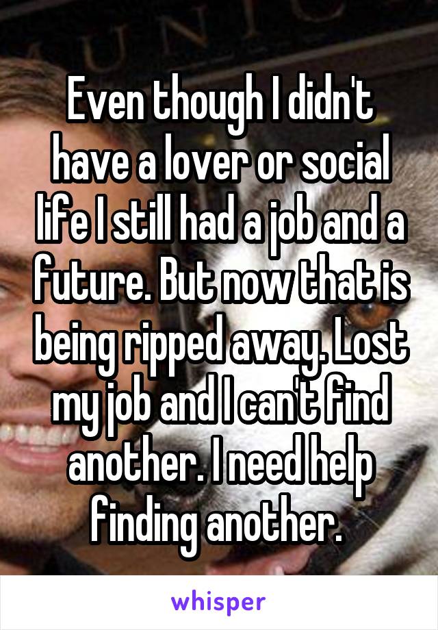 Even though I didn't have a lover or social life I still had a job and a future. But now that is being ripped away. Lost my job and I can't find another. I need help finding another. 