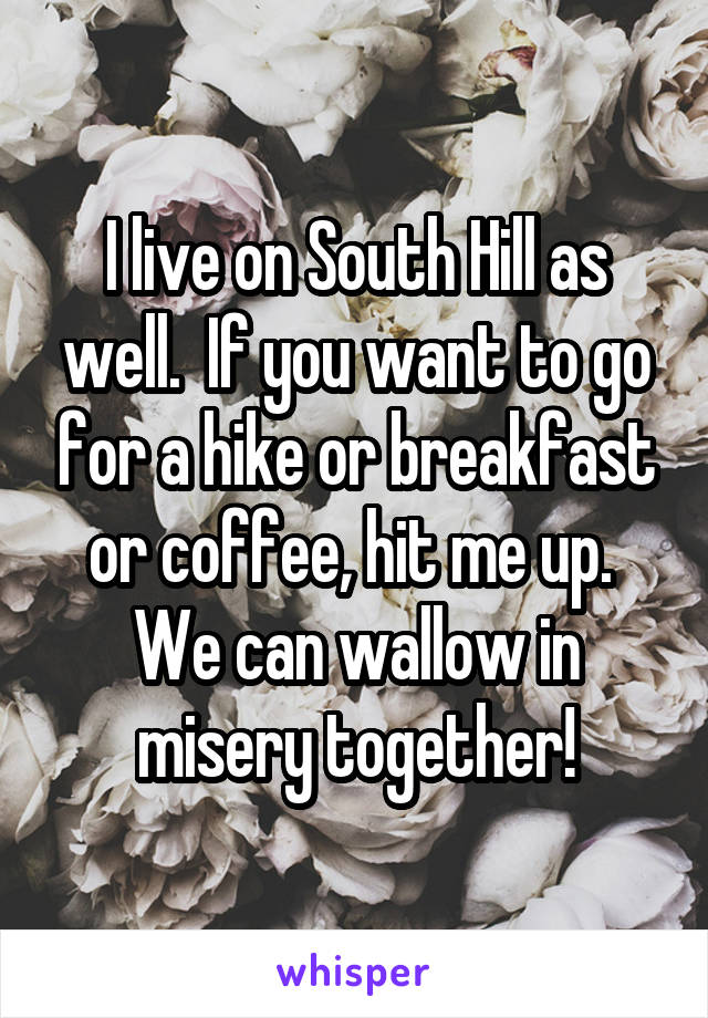 I live on South Hill as well.  If you want to go for a hike or breakfast or coffee, hit me up.  We can wallow in misery together!