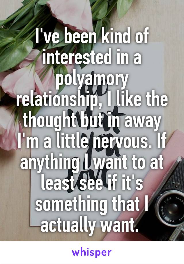 I've been kind of interested in a polyamory relationship, I like the thought but in away I'm a little nervous. If anything I want to at least see if it's something that I actually want. 